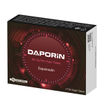 "Daporin 60 mg 6 tablet kutusu, dapoksetin hidroklorür içeren film kaplı tablet ilacı, beyaz zemin üzerinde mavi ve yeşil tonlarda ambalaj tasarımı, ürün bilgileri ve marka logosu ile"