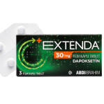 "Extenda 30 mg 30 tablet kutusu, dapoksetin hidroklorür içeren film kaplı tablet ilacı, beyaz zemin üzerinde mavi ve sarı tasarımlı ambalaj, Farmatek markası"