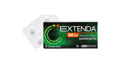 "Extenda 30 mg 30 tablet kutusu, dapoksetin hidroklorür içeren film kaplı tablet ilacı, beyaz zemin üzerinde mavi ve sarı tasarımlı ambalaj, Farmatek markası"
