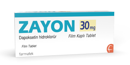 "Zayon 30 mg 30 tablet kutusu, dapoksetin hidroklorür içeren film kaplı tablet ilacı, beyaz zemin üzerinde mavi ve sarı tasarımlı ambalaj, Farmatek markası"